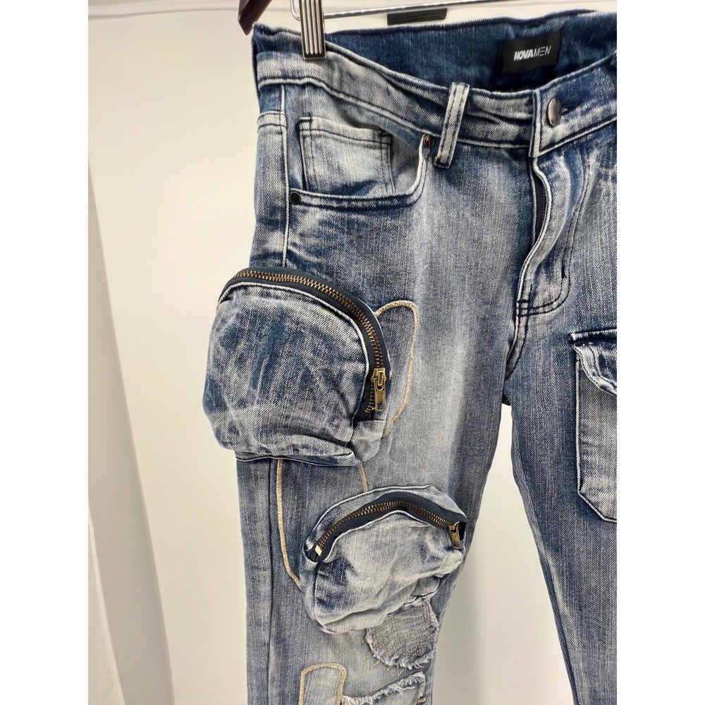 NOVAMEN Mens Designer Jeans Cargo Pockets Embellished Zip Ankle Blue Size 32 - Picture 3 of 13